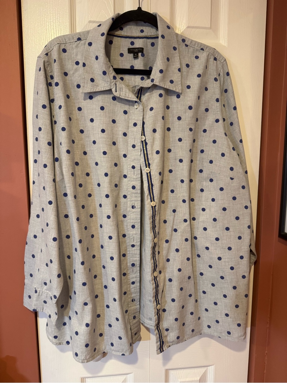 Talbots Light Gray Shirt with Navy Polka Dots